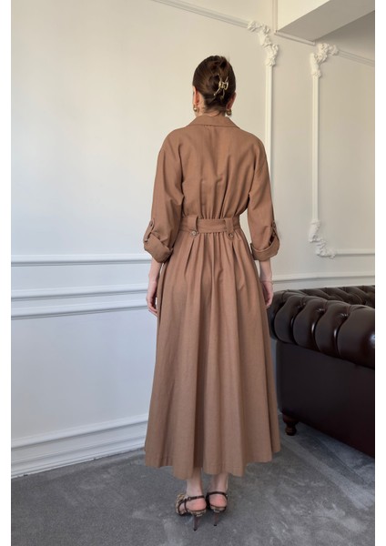 Çift Cepli Bağlamalı Keten Elbise- Kahverengi