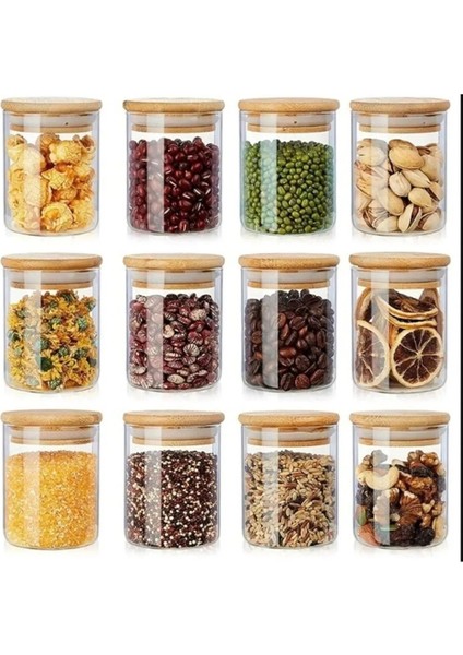 12'li Borosilikat Cam Baharatlık Seti - Sızdırmaz Silikonlu Bambu Kapak - 300 ml (X12)