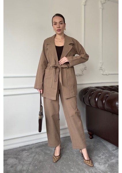 Bağlamalı Keten Takım- Kahverengi