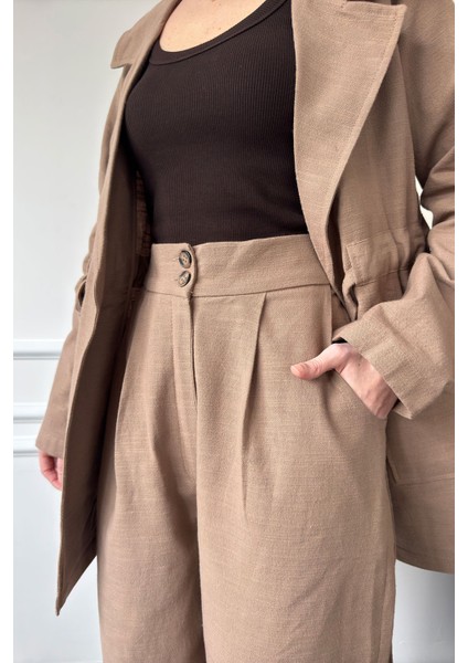 Bağlamalı Keten Takım- Kahverengi