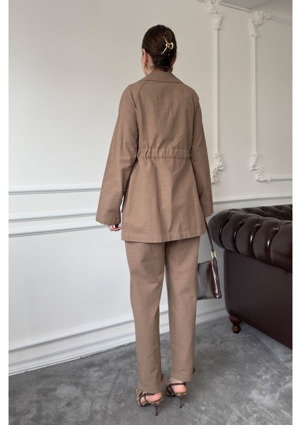 Bağlamalı Keten Takım- Kahverengi