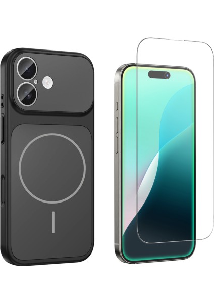 Iphone 16 Kılıf M-Safe Şarj Özellikli Kamera Camlı Formen Kapak-Siyah + Cam Ekran Koruyucu