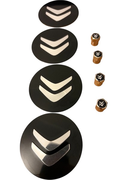 Cıtroen Logolu 56 mm Alüminyum. 4 Adet Jant Göbek Stıcker ve 4 Adet Alüminyum Logolu Sibop Kapak