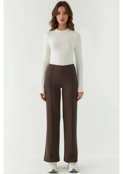 Kadın Modal Touch Nervür Detaylı Geniş Paça Pantolon Kahve Kahvesi