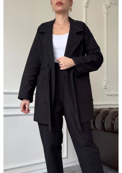 Bağlamalı Keten Takım- Siyah