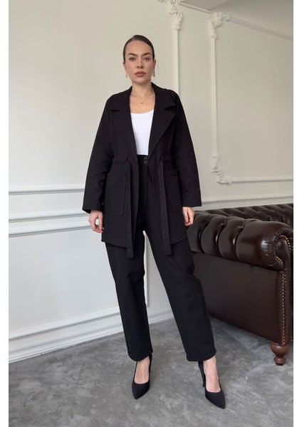 Bağlamalı Keten Takım- Siyah