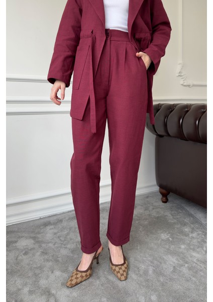 Bağlamalı Keten Takım- Bordo