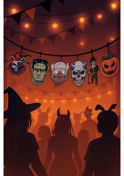 Halloween Cadılar Bayramı Banner 6lı Korkunç Figür Drakula, Kesikbaş, Playaço, Iskelet, Balkabağı Korku Figürleri