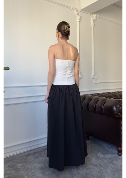 Çift Renkli Tasarım Elbise- Beyaz