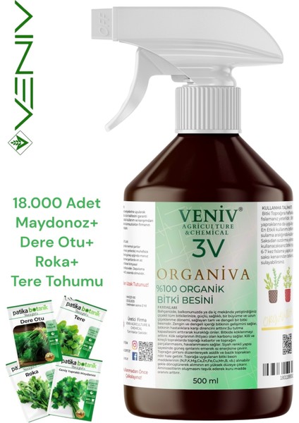 3V Organiva %100 Organik Bitki Besini (500 Ml) + 4’lü Yeşillik Tohum Seti– Doğal ve Güçlü Gelişim