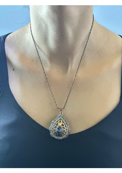 Osmanlı Motifli Mavi Kristal Boncuklu Kadın Kolye 24 cm fiyatları