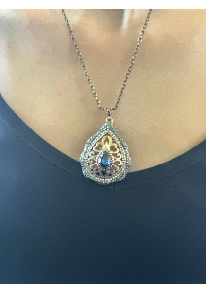 Osmanlı Motifli Mavi Kristal Boncuklu Kadın Kolye 24 cm modelleri