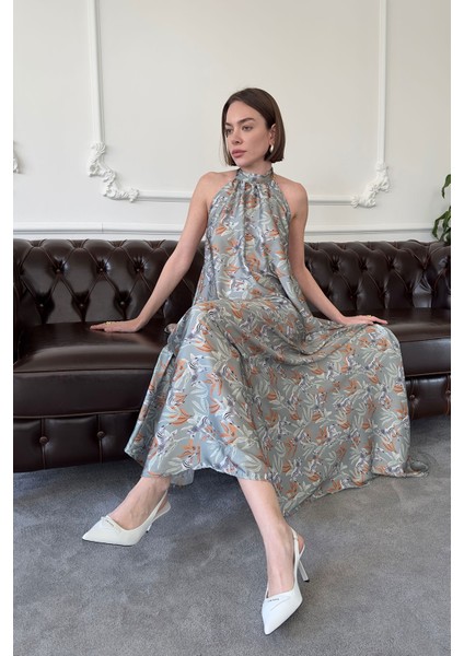 Zebra Desen Saten Elbise- Yeşil