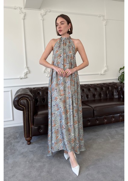 Zebra Desen Saten Elbise- Yeşil