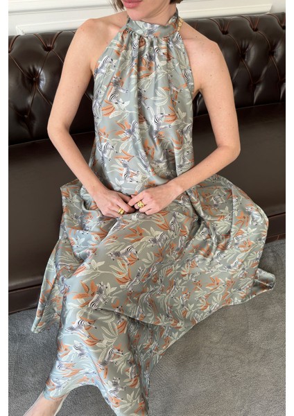 Zebra Desen Saten Elbise- Yeşil