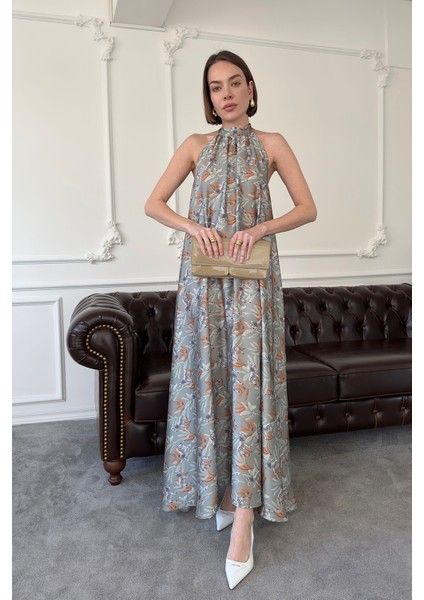 Zebra Desen Saten Elbise- Yeşil