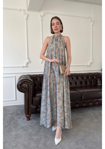 Zebra Desen Saten Elbise- Yeşil