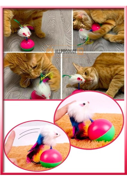 Kedi Oyun Topu Tüylü Fareli Hacı Yatmaz Eğitici Yavru Kedi Oyuncağı Devrilmez Plastik Peluş Fareli Kedi Topu 1 Adet