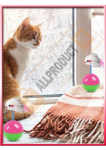 Kedi Oyun Topu Tüylü Fareli Hacı Yatmaz Eğitici Yavru Kedi Oyuncağı Devrilmez Plastik Peluş Fareli Kedi Topu 1 Adet