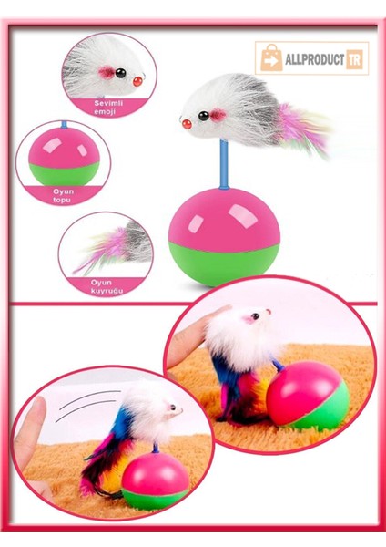 Kedi Oyun Topu Tüylü Fareli Hacı Yatmaz Eğitici Yavru Kedi Oyuncağı Devrilmez Plastik Peluş Fareli Kedi Topu 1 Adet
