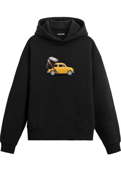 Kahve Araba Baskılı Minimal Hoodie