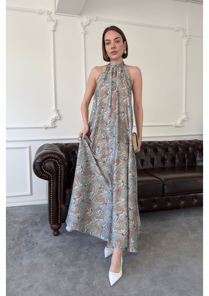 Zebra Desen Saten Elbise- Yeşil