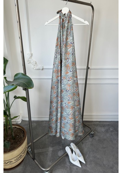 Zebra Desen Saten Elbise- Yeşil