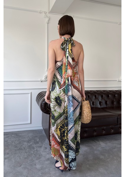 Saten Boyundan Bağlamalı Elbise- Siyah