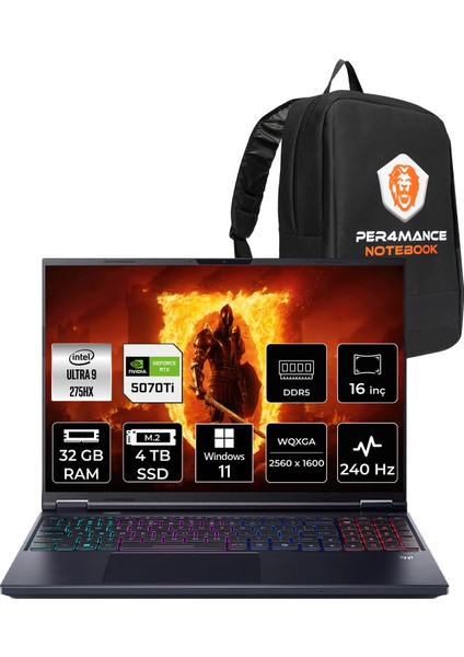 Predator Helios Neo 16 Aı Intel Core Ultra 9 275HX 32GB 4tb SSD RTX5070TI/12GB 170W 16" Qhd+ 240Hz W11H Taşınabilir Bilgisayar & Per4 Çanta NHQX2EY002P383