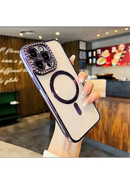 iPhone 12 Pro Max Magsafe Özellikli Kamera Lens Koruma Çerçeveli Taşlı Simli Yüksek Kalite Kılıf fiyatları