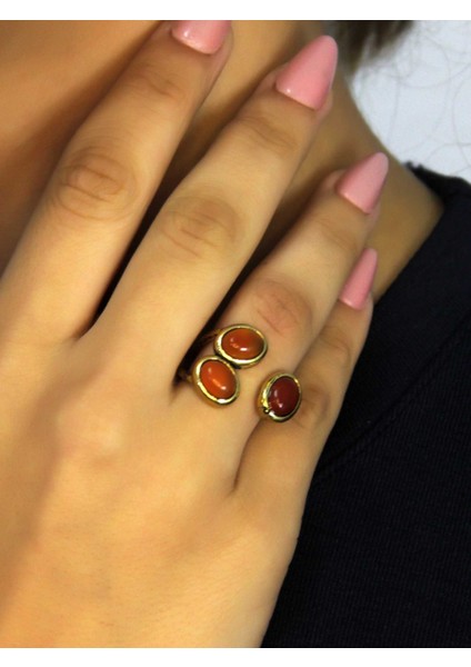 Doğal Taş Akik Oval Üçlü Doğal Taşlı Antik Model Kadın Ayarlanabillir Yüzük EUY76A