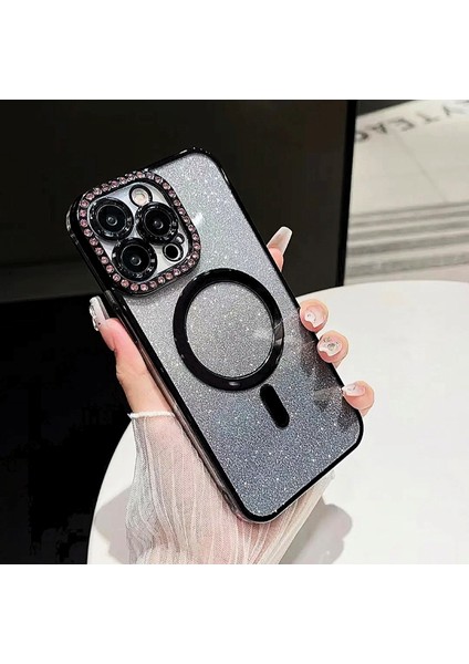 iPhone 12 Pro Max Magsafe Özellikli Kamera Lens Koruma Çerçeveli Taşlı Simli Yüksek Kalite Kılıf