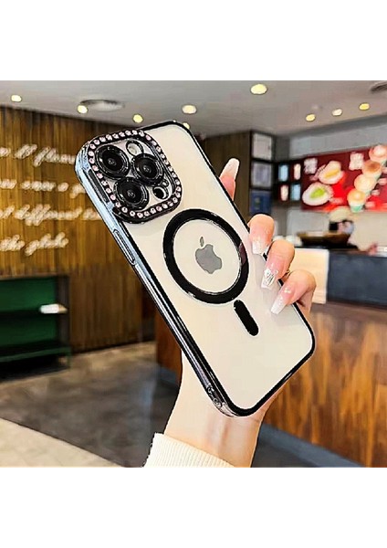 iPhone 12 Pro Max Magsafe Özellikli Kamera Lens Koruma Çerçeveli Taşlı Simli Yüksek Kalite Kılıf fiyatları