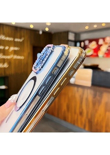 iPhone 12 Pro Max Magsafe Özellikli Kamera Lens Koruma Çerçeveli Taşlı Simli Yüksek Kalite Kılıf