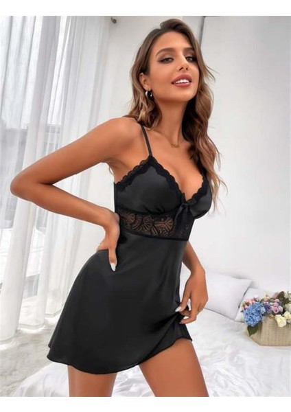 Siyah Dantel Detaylı Ince Askılı Saten Kısa Fantezi Gecelik fiyatları