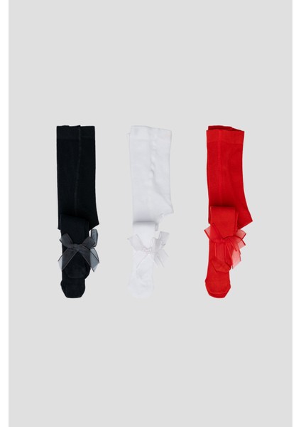 3 Adet Kurdele Aksesuarlı Pamuklu Kız Çocuk ve Bebek Külotlu Çorap