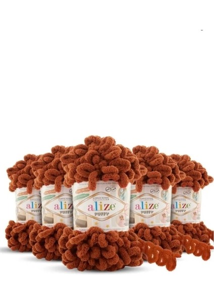 ALİZE 5 Adet Puffy El Örgü İpi Atkı Battaniye Bere Panduf Parmak Örgü İpliği 597-Tarçın