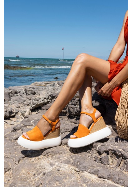 Nelly Kadin Bej Gercek Deri Suet Platform Topuklu Sandalet indirimleri