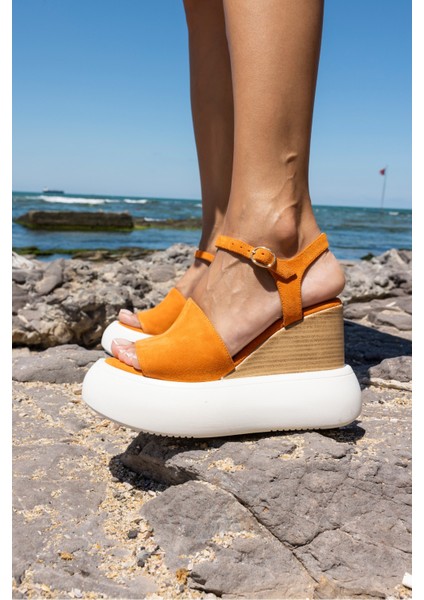 Nelly Kadin Bej Gercek Deri Suet Platform Topuklu Sandalet