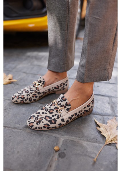 Geola Kadın Bej Leopar Gercek Deri Tokalı Babet