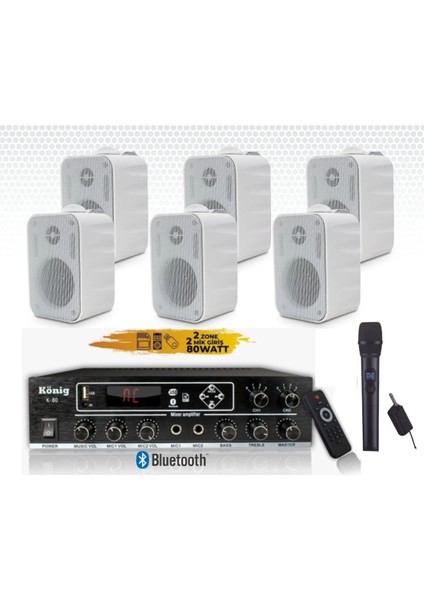 6’lı Duvar Hoparlörlü El Mikrofonlu Bluetooth Anfi Ses Sistemi Seti