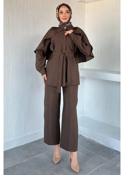 Pelerinli Broş Detaylı Kuşaklı Tunik Bel Lastikli Pantolon Tesettür Ikili Takım P-00018879 indirimleri