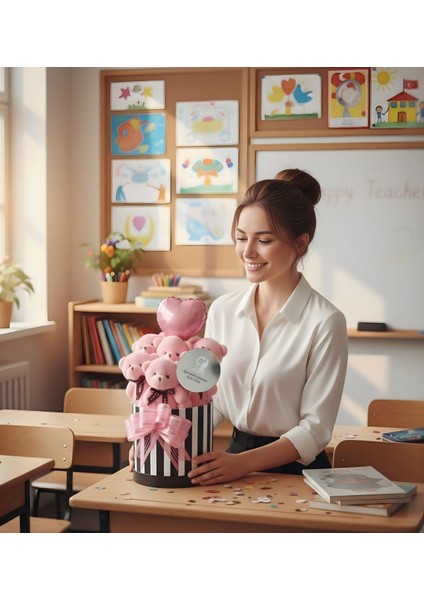 Öğretmenler Günü Özel: Atatürk Temalı Kutlama Aynalı Premium Kutuda, Kalpli Balonlu 6’lı Pembe Ayıcık Buketi- Öğretmene Hediye fiyatları