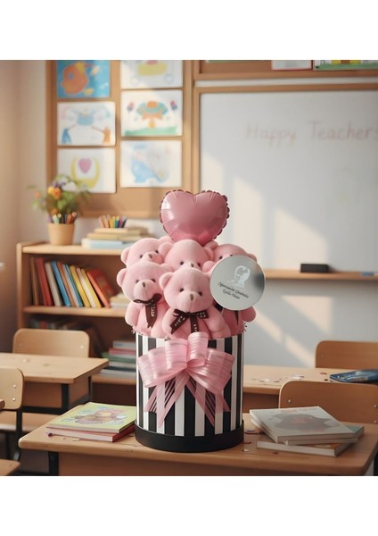 Öğretmenler Günü Özel: Atatürk Temalı Kutlama Aynalı Premium Kutuda, Kalpli Balonlu 6’lı Pembe Ayıcık Buketi- Öğretmene Hediye modelleri