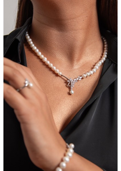 Çiçekli Model 925 Ayar Gümüş Rodyum (Beyaz Altın) Kaplama Gerçek Inci Set fiyatları