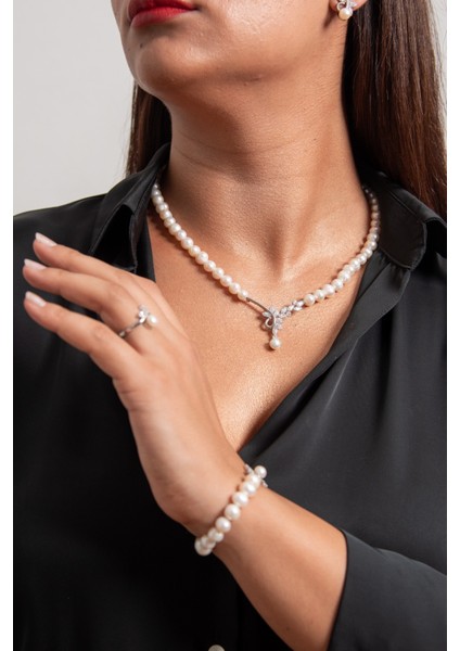 Çiçekli Model 925 Ayar Gümüş Rodyum (Beyaz Altın) Kaplama Gerçek Inci Set fırsatları