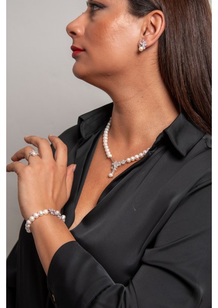 Çiçekli Model 925 Ayar Gümüş Rodyum (Beyaz Altın) Kaplama Gerçek Inci Set indirimleri