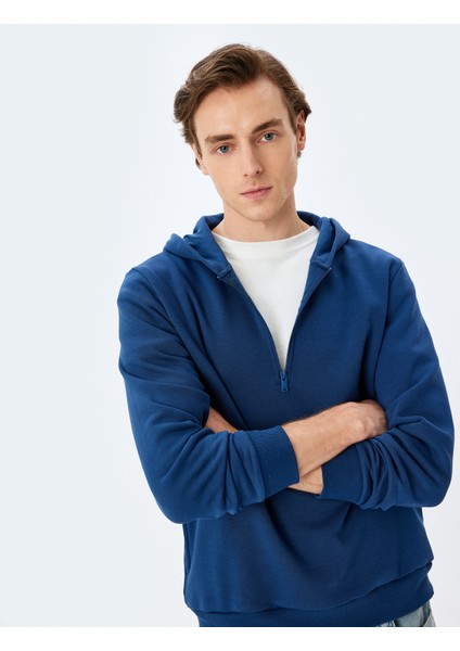 Kapşonlu Pamuk Karışımlı Şardonlu Basic Yarım Fermuarlı Sweatshirt fiyatları