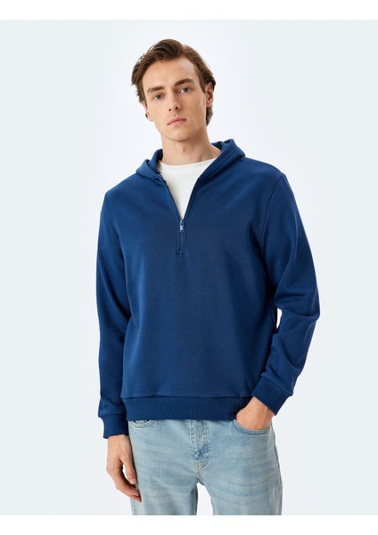 Kapşonlu Pamuk Karışımlı Şardonlu Basic Yarım Fermuarlı Sweatshirt modelleri