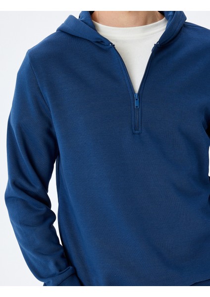 Kapşonlu Pamuk Karışımlı Şardonlu Basic Yarım Fermuarlı Sweatshirt indirimleri